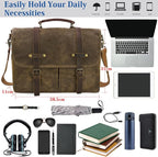 Mens Messenger Bag 15.6 Inch Waterproof Vintage Genuine Leather Waxed Canvas Briefcase Large Leather Computer Laptop Bag Rugged Satchel Shoulder Bag, Coffee