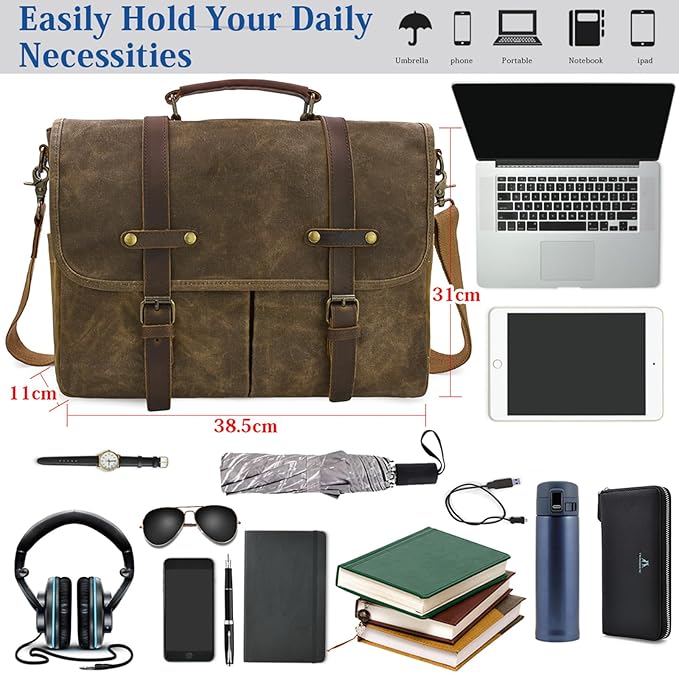 Mens Messenger Bag 15.6 Inch Waterproof Vintage Genuine Leather Waxed Canvas Briefcase Large Leather Computer Laptop Bag Rugged Satchel Shoulder Bag, Coffee
