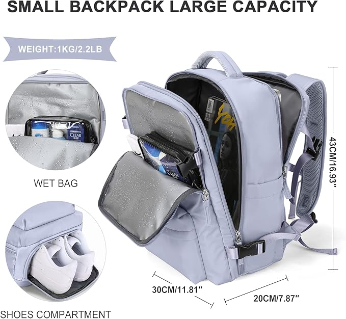 Carry on Travel Laptop Backpack Personal Item Size for Women Men Flight Approved,Backpack for Women Travel Bag Hiking Outdoor Sports Rucksack Casual Daypack, Taro Purple
