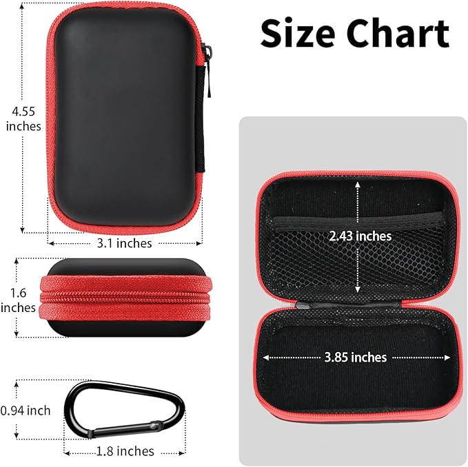 Earbud Case Portable EVA Storage Bag Cell Phone Accessories Organizer with Carabiner for Wired/Wireless Earphone, Earbud, Earpieces, SD Memory Card, Camera Chips, Tech Pouch, Rectangle, Red