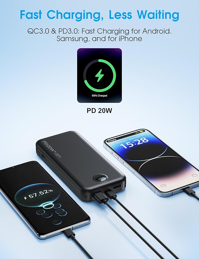 Portable Charger, 10000mAh PD20W Fast Charging Power Bank with Built-in Cables & Wall Plug, External Battery Pack with LED Display, Travel Essentials Battery Bank for iPhone, iPad, Samsung Matte Black