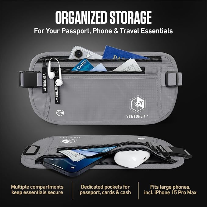 VENTURE 4TH RFID Money Belt for Travel with RFID Blocking Sleeves – Slim Hidden Travel Wallet & Passport Holder for Men & Women, Lightweight Anti-Theft Pouch to Protect Cash Cards & Documents - Silver