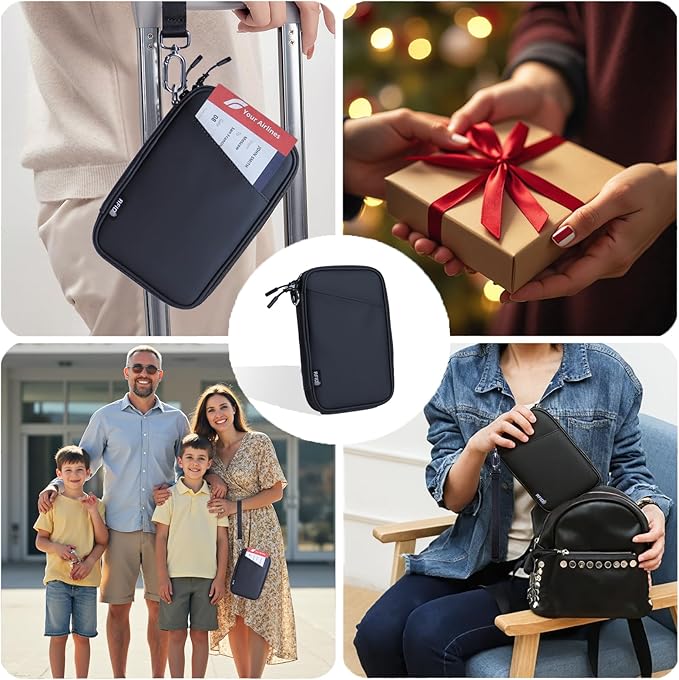 Family Passport Holder for 4, Black Passport Wallet for Travel, Passport Cover RFID Blocking for Women, Waterproof Wallet with Zipper, Airtag Passport Case for Men, Multiple Passport Bag