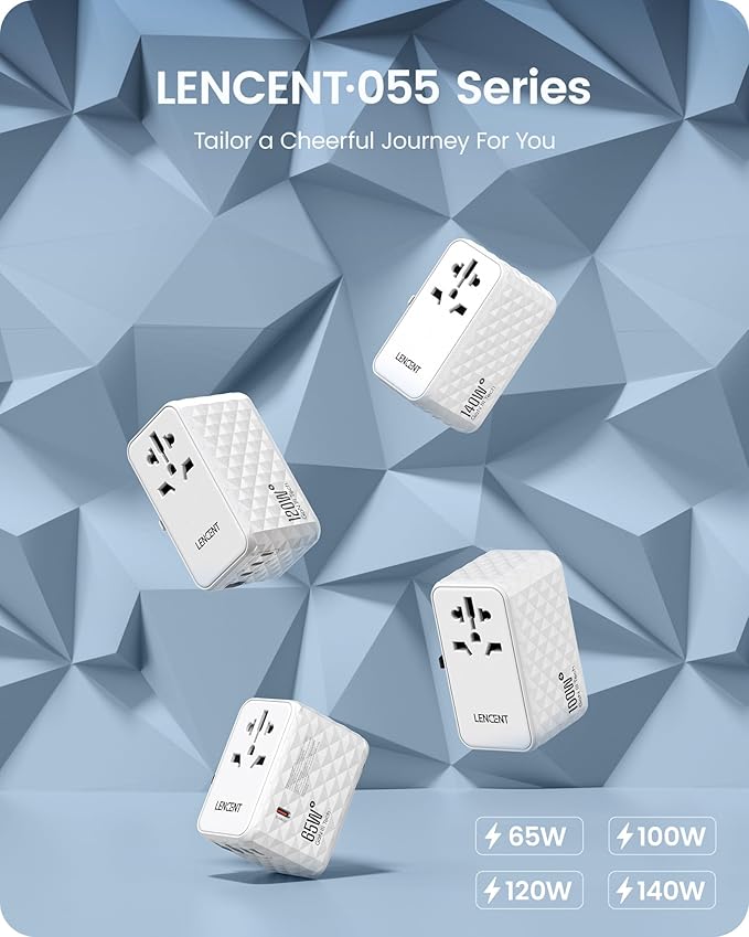 LENCENT 65W International Travel Adapter, Universal Travel Adapter with 2 USB-A & 3 PD Type C Power Outlet, Fast Charging for Phone,Laptops, All-in-One Outlet Converter for USA/UK/EU/AUS, White