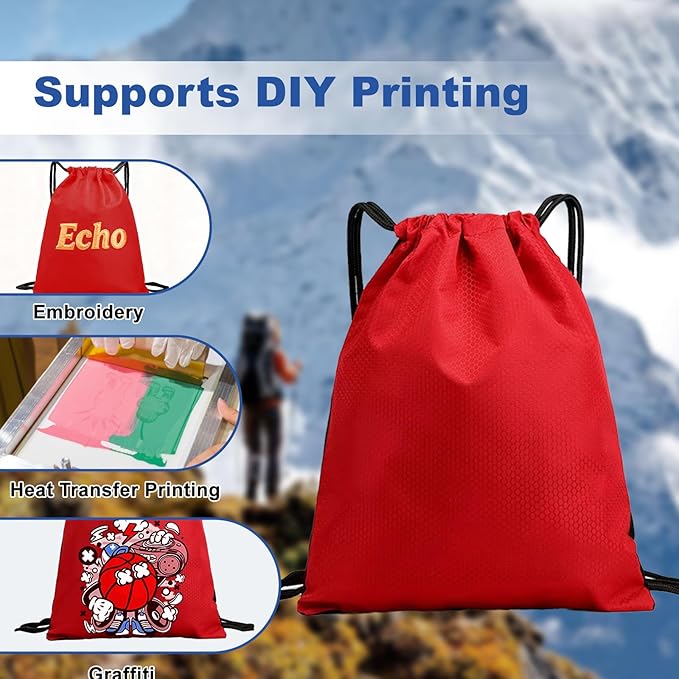 2-Pack Waterproof Drawstring Backpacks, Soccer-Texture Oxford Fabric, 16.9" × 13.8", Lightweight 0.19 lb Each, No Eyelets, Gym & Marathon Gear Sacks(Red)