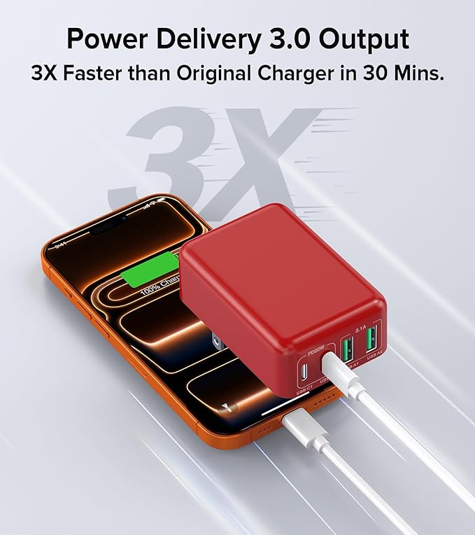 [2-Pack] Flat USB C Wall Charger,40W Fast USB C Charger Block,4-Port PD Power Adapter +QC Wall Plug Multiport Type C Charging Block Cube Compatible with iPhone 17 16 15 14 13 12 Pro Max XR XS 8 7(Red)