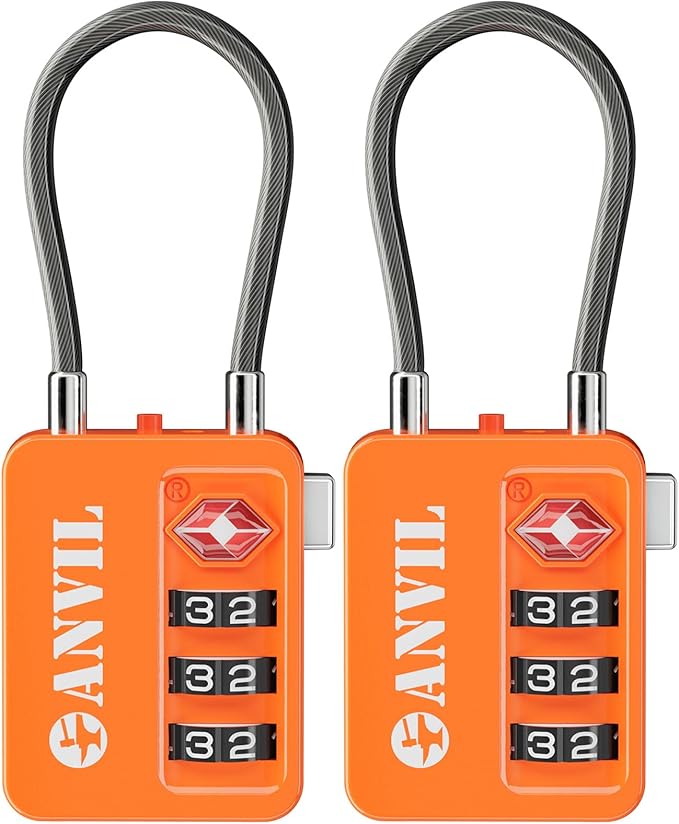ANVIL TSA Locks for Luggage with Search Alert: Durable Cable Combination Locks, TSA Approved - Secure Travel Locks for Suitcases, Backpacks & Gun Cases (2, Orange)