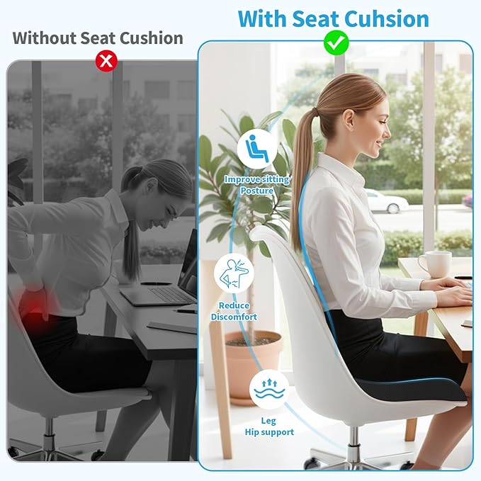 TranquilRelax XLarge Seat Cushion，Soft Foam Cushion for Long Sitting Hours on Office Chair, Home & Car, Non-Slip Chair Pad for Relieving Back & Sciatica & Hip & Coccyx Pain (Black)