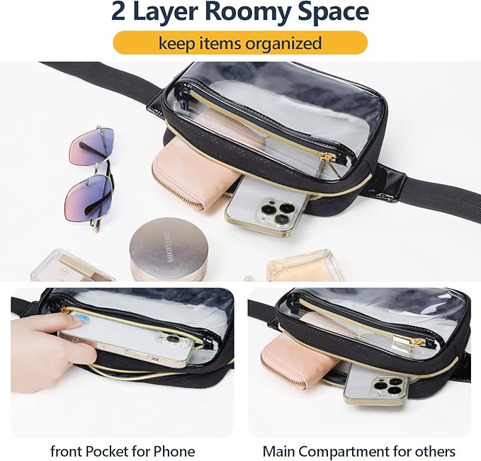 Packism Clear Fanny Pack for Women Stadium Approved - Quilted Clear Belt Bag, Adjustable Strap Fits 35-51 Inches, Transparent Waist Bag for Sports Concerts Festivals, Black