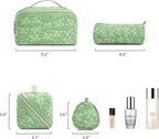 BOYATU Travel Makeup Bag Cosmetic Bags for Women: Large Capacity 3 Pcs Set Make up Bag with Compartments - Waterproof Vegan Leather Toiletry Organizer Bags with Handle (Z-65Light Green)