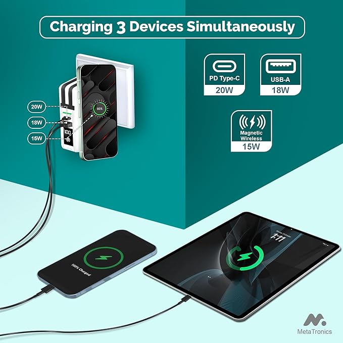 5-in-1 Travel Power Bank with Wall Plug — 10000mAh MagSafe Wireless Portable Charger with Built-in USB-C & Lightning Cables + Universal International Travel Adapter (US/Asia/Europe/Asia)