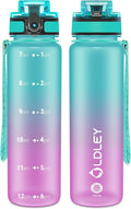 OLDLEY 32 oz Water Bottle, Motivational Water Bottle with Time Marker, Sports Water Bottle With Strap, Leakproof & BPA Free Large Water Bottles for School, Gym, Travel,Tritan,Green&Purple