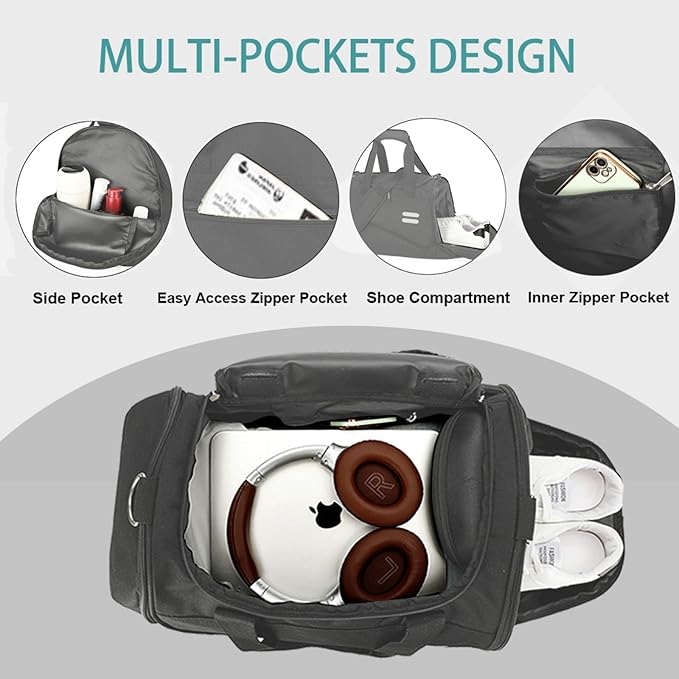 Gym Bag for Men & Women - 30L Duffel Bag with Shoe Compartment, Weekender Water Resistant Duffle Bag for Travel, Sports, Fitness & Workouts, DarkGray