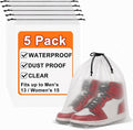 5 Pack Clear Shoe Bags for Travel, 15.7"×11.8" PEVA Drawstring, Water-Resistant, Fits up to Men’s 12–13, Reusable Storage for Shoes, Clothes & Toiletries, Keep Luggage Tidy & Odor-Free