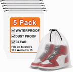 5 Pack Clear Shoe Bags for Travel, 15.7"×11.8" PEVA Drawstring, Water-Resistant, Fits up to Men’s 12–13, Reusable Storage for Shoes, Clothes & Toiletries, Keep Luggage Tidy & Odor-Free