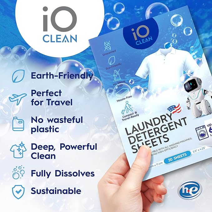 iO CLEAN Laundry Detergent Sheets Unscented, 30 Count – Hypoallergenic Laundry Soap Sheets for Sensitive Skin – Travel Friendly Washing Detergent Sheets for HE & Standard Washers