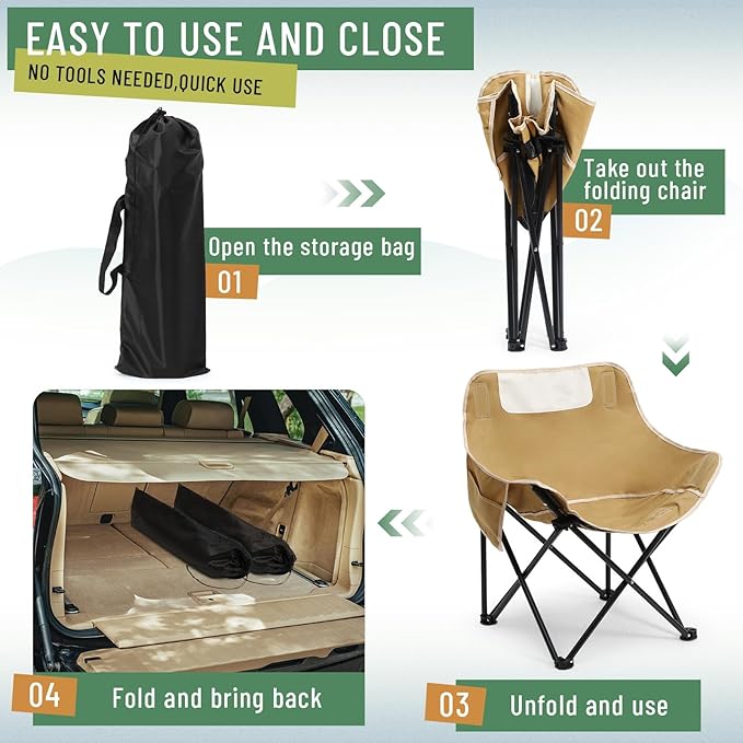 2 Pack Compact Camping Chairs Portable Folding for Outside with Carry Bag Lightweight Moon Chairs for Travel Picnic Hiking Beach Fishing, 600D Oxford, Supports 330lbs(Khaki, Black)