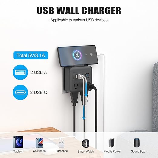 Multi Plug Outlet Extender with 2 USB-A + 2 USB-C & Phone Holder, HITRENDS 1875W/16A 4-Outlet Extender, Non Surge Protector Travel Cruise Ship Essentials, Electrical Wall Splitter for Home Office