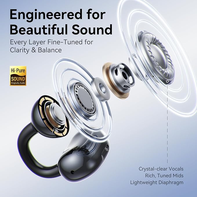 Kinglucky Jewelry-Inspired Clip-On Earbuds with Butterfly Earrings, Comfortable Fit & 50H Playtime Open Ear Bluetooth 5.4 Wireless Headphones for Women, Small Ears, Sports & Workouts (Black)