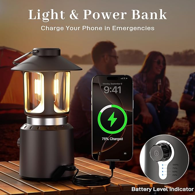 Camping Lantern Rechargeable, Telescopic 8000mAh Retro Waterproof Camping Light, Electric Lanterns for Power Outages, Vintage Hurricane Lamp for Tent Outdoor Patio RV Fishing