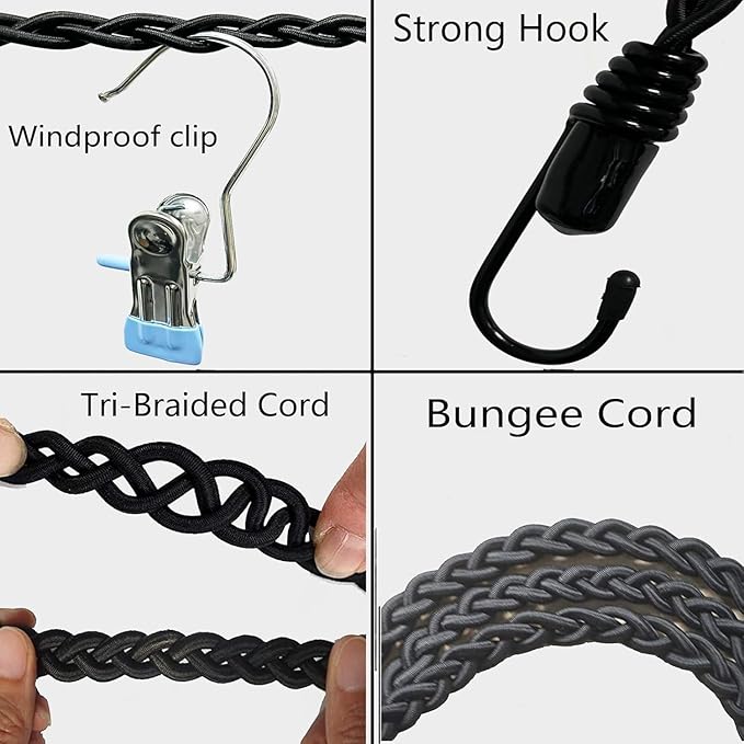 Universal Tri-Braided Cord Drying Clothesline, Retractable Portable Clothesline for Travelling or Camping. Laundry Drying Clothesline with Non-Slip Hook Clips for Indoor and Outdoor use