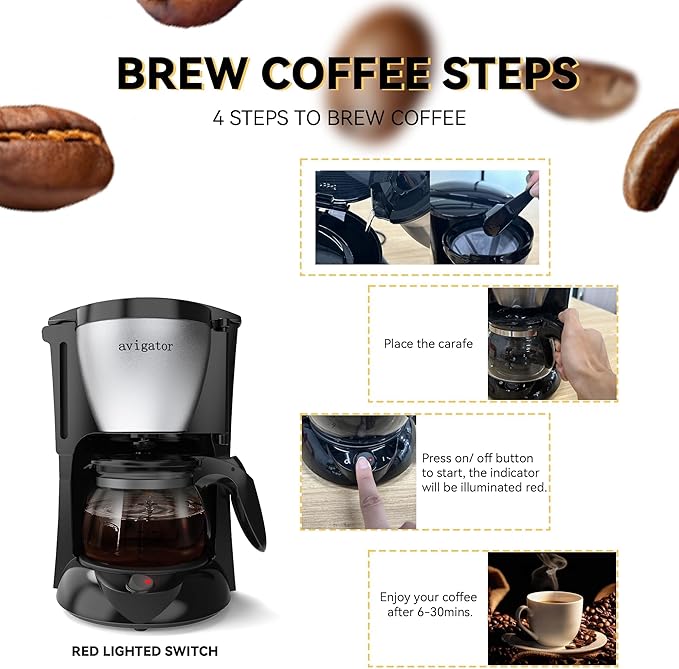 Portable Coffee Maker for Camping, Compact Drip Coffee Maker Brewer Includes 22oz Glass Carafe, Reusable Powder Filter for Traveling, RV, Office, Camping