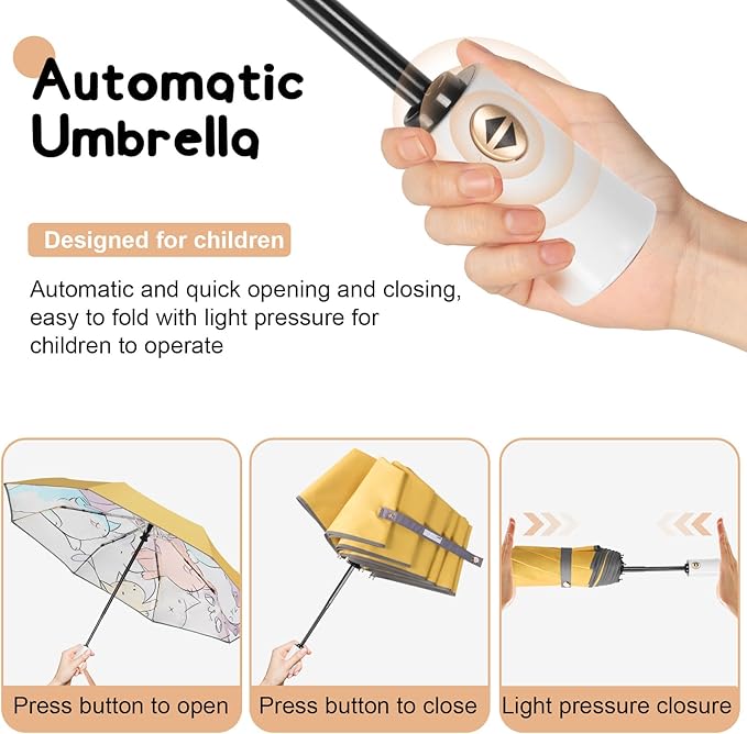 Kids Umbrella for Boys Girls, Yellow Cute Cartoon Automatic Folding Travel Umbrella with Reflective Stripe, Double Canopy Waterproof, 8 Ribs Windproof, Compact Rain Gear
