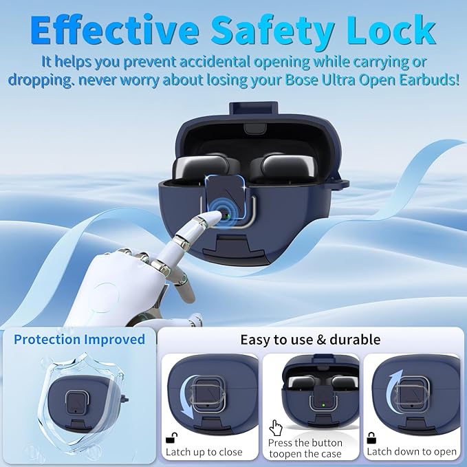 for Bose Ultra Open Earbuds Case with Secure Lock & Phone Stand, Soft TPU Shockproof Protective Clear Case for Bose Open Ear Earbuds Accessories with Cleaning Pen & Keychain (Dark Blue)