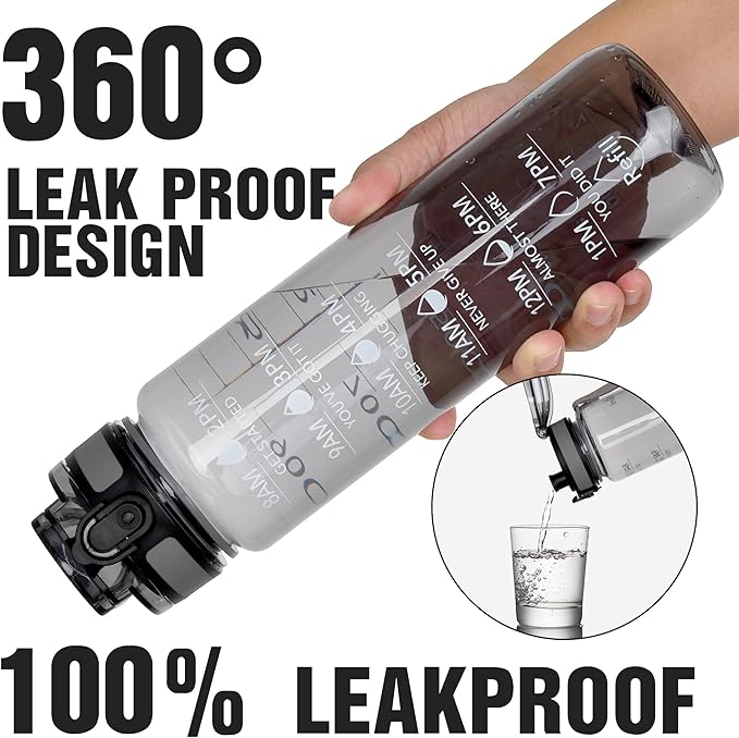 OLDLEY Water Bottle, 32oz Motivational Sports Water Bottle with Time Marker - Times to Drink - Tritan, BPA Free, Wide Mouth Leakproof,Anniversary Birthday Gifts for Men Women,Smoke Grey (1 Bottle)