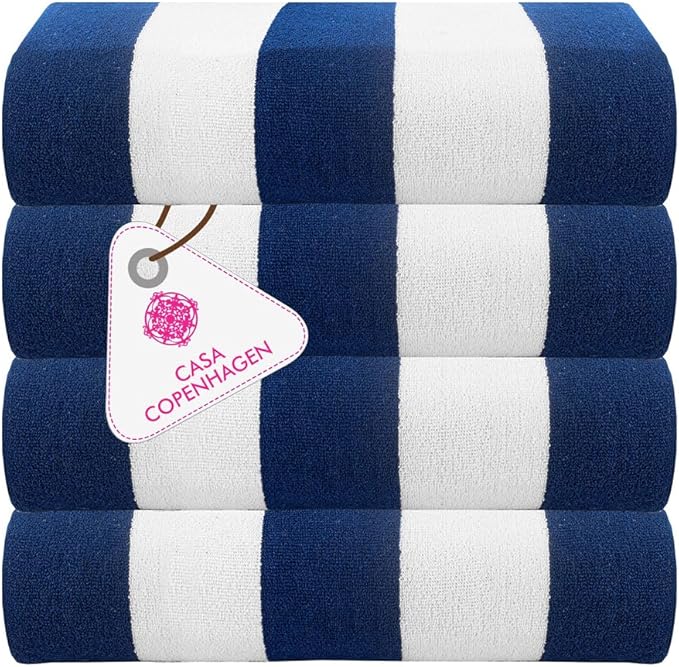 CASA COPENHAGEN Cabana Towel 4Pcs Cobalt Designer Stripe Beach Towels Gift Set, 30"x60" Oversized 100% Cotton Pool Bath Towel for Beach Gift Set (Perfect Summer Gift Set for Women & Men)