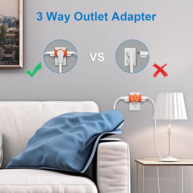 EXTRASTAR 3 Outlet Extender, Heavy Duty Grounded Wall Tab, T-Shaped Adapter Spaced, Electrical Multi-Outlet with 3 Prong, 3 Way Plug, ETL Listed Power Splitter for Home Office - Orange(4 Pack)