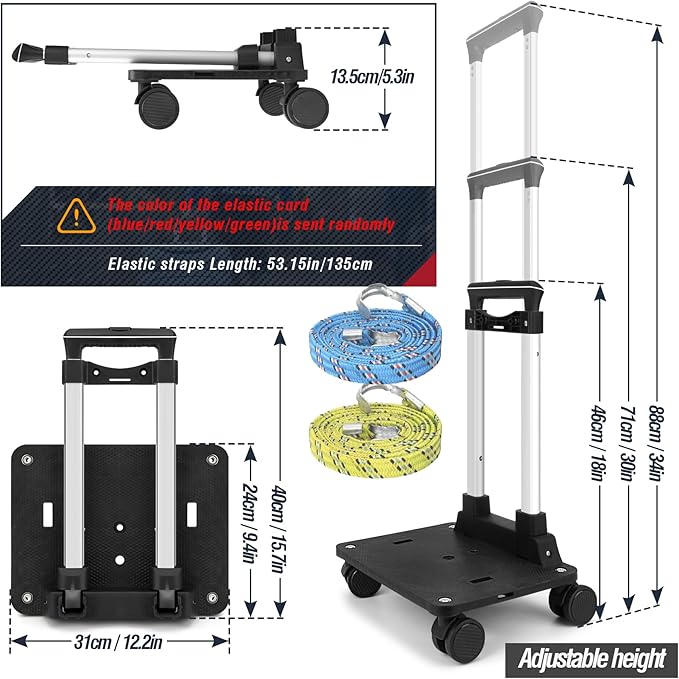 Zoofen Folding Hand Truck Lightweight Luggage Cart with 4 Wheels Compact Trolly Cart with 2 Elastic Ropes for Luggage,Backpack, Bags, Travel and Office Use(24 * 31cm)
