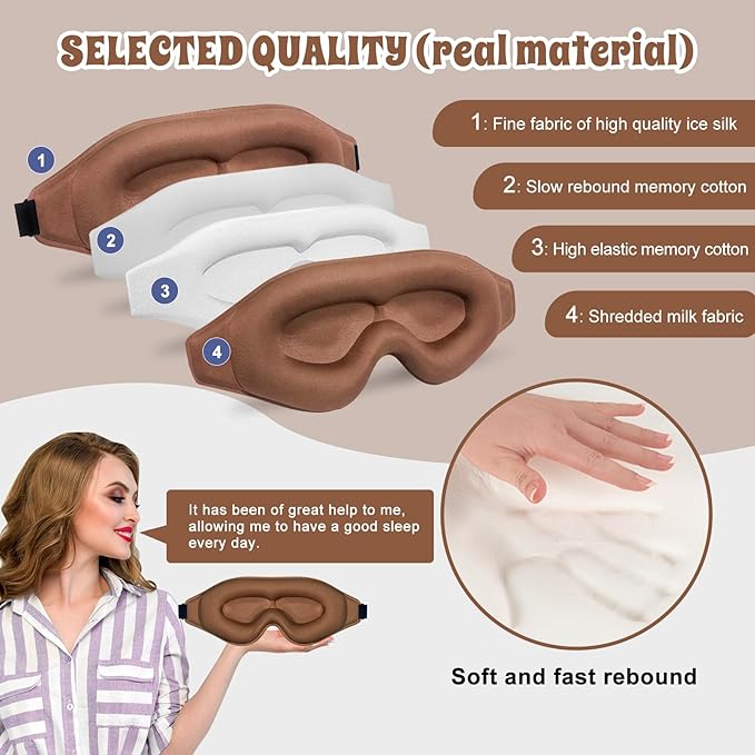 3D Advanced Eye Mask for Sleeping，Ultra Delicate Soft Skin Friendly Eye mask，100% Blackout Sleep Eye Mask for Sleep, Eyelash Extension Sleep mask (Coffee Color)