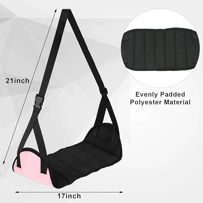 Airplane Foot Rest (Travel Comfortably), Pink Nylon Foot Hammock with Adjustable Metal Frame, Perfect for Airplane, Train, or Office Use
