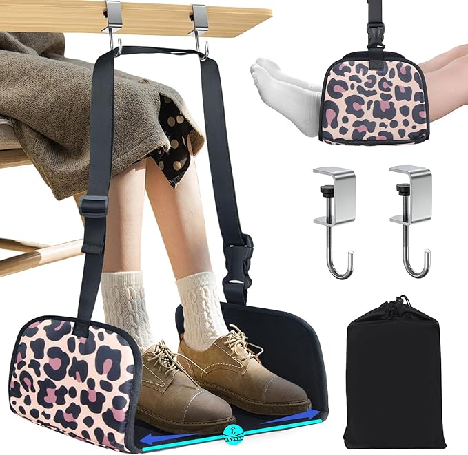 Airplane Foot Hammock, Office Footrest Airplane with 2 Hooks Long Flight Hammock Memory Foam Travel Foot Rest Plane Foot Sling Under Desk at Work Gaming Travel Essentials, Leopard Print