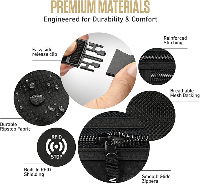 VENTURE 4TH Money Belt for Travel – Slim Hidden Under-Clothes RFID Blocking Anti-Theft Passport Holder & Travel Wallet Pouch for Men & Women to Protect Cash, Cards & Documents (Pure Black)