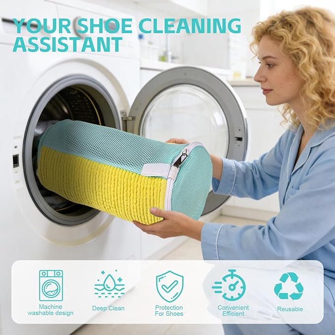 Shoe Washing Machine Bag Reusable Sneaker Washing Bag with Built-in Fluffy Brushes for 360° All-Around Cleaning. Laundry Shoe Bag is Designed for Washer and Dryer （Yellow 4pcs Pro）