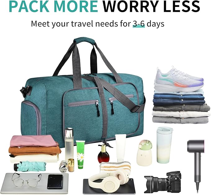 Dimayar 65L Travel Duffle Bag for Men Women - Foldable Duffel Bag with Shoes Compartment - Overnight Bags Waterproof & Tear Resistant(Green)