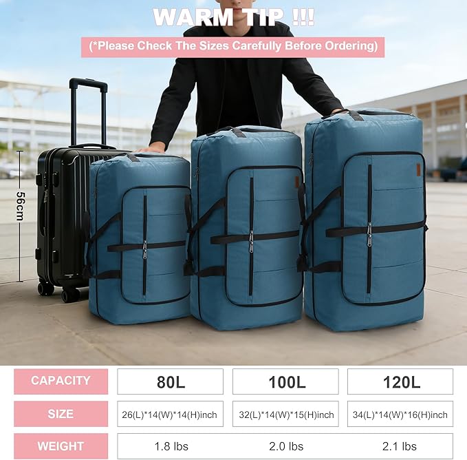 100L Travel Duffle Bag for Men, Urtala 32” Large Duffle Bag for Traveling with Shoe Compartment, Foldable Travel Duffel Bag for Men Women Waterproof & Tear Resistant (Light Blue, EXTRA LARGE, 100L)