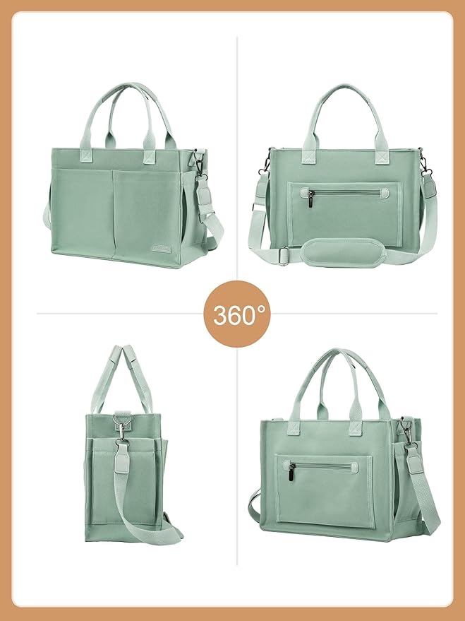 BESBESME Canvas Tote Bag for Women with Zipper & Compartments– Large Work & College Laptop Tote Crossbody Shoulder Bag