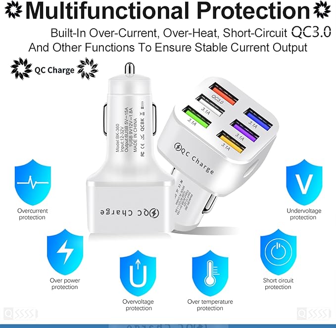 Amiss Car Charger Adapter, 6 USB Multi Port, Fast Charger, Include QC 3.0 and 5 Other Ports, Car Interior Accessories, Fit for iPhone 17/16/15/14/13Pro Max, Samsung, Android (White 1pc)