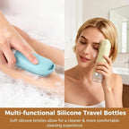 3 PCS Silicone Travel Bottles, 100 ml Leak-Proof Refillable Toiletry Containers with Massage Brush & PVC Zipper Bag, Squeezable Bottles for Shampoo, Body Wash & Facial Cleanser