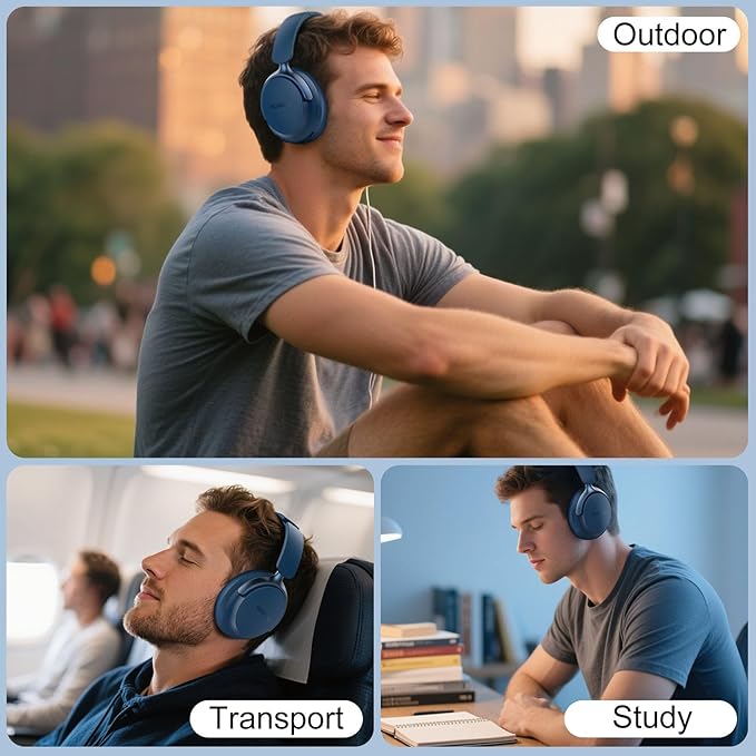 B8 Bluetooth Headphones Over Ear, 6 EQ Music Modes and 50H Playtime Deep Bass Wireless Headphones with Mic, Lightweight Folding HiFi Stereo Headset for iPad/Travel/Tablet/PC/Home Blue