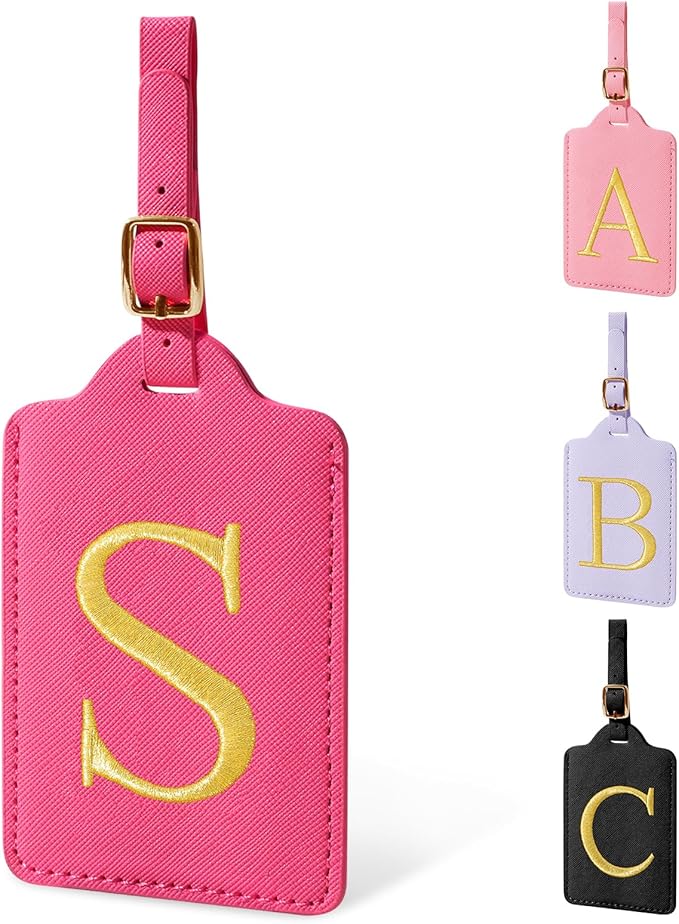 Personalized Initial Luggage Tags for Suitcase, Rose Red Leather Cute Luggage Tags with Privacy Cover Name Card, Embroidered Custom Monogram Luggage Tags Travel Backpack Tag Gifts for Women Kids(S)