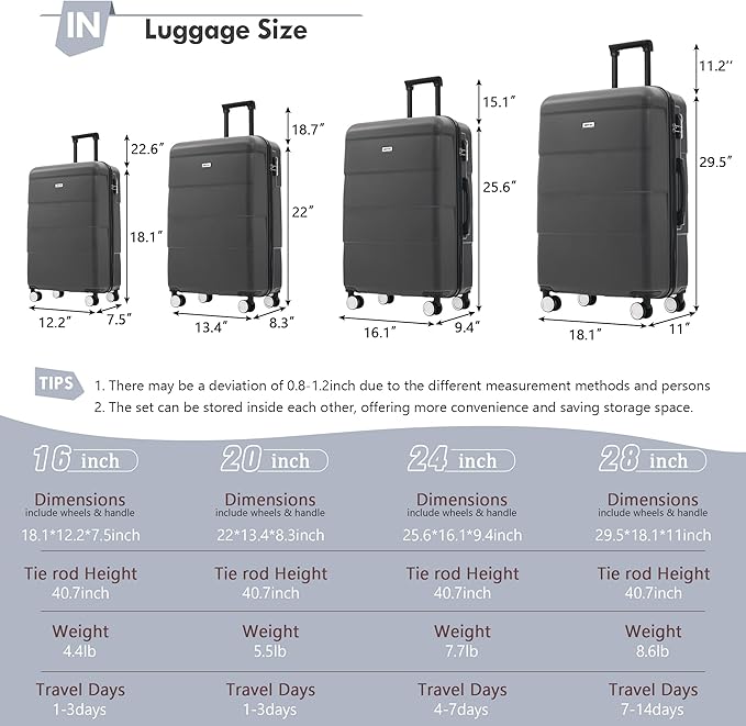 Merax Luggage Sets,Hardcase Suitcase with Bags,6 Piece Lightweight Carry on Luggagewith Double Spinner Wheels Lock,16+20+24+28 inches,charcoal