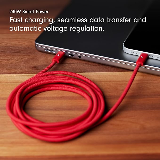 Beats 240W USB-C to USB-C Braided Cable, Fast Charging, Durable/Tangle Free, Compatible with Apple and Android Devices (3 m/10 ft) – Rapid Red