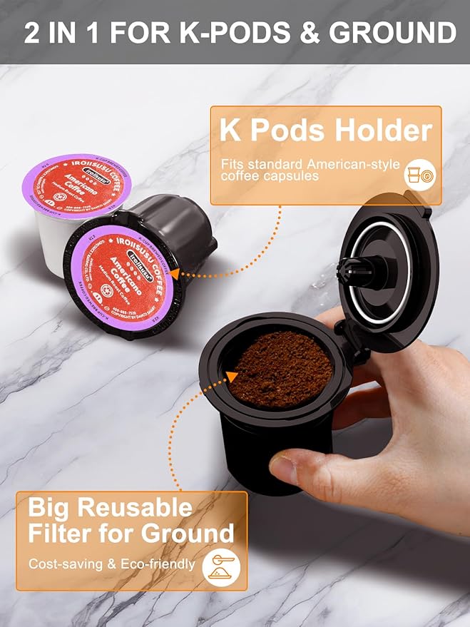 Small Single Serve Coffee Maker, Fast Brew for K-Cup & Ground Coffee, 6-12 Oz Brew Sizes, One-Button Single Cup Coffee Maker, Coffee Machine with Descaling Reminder