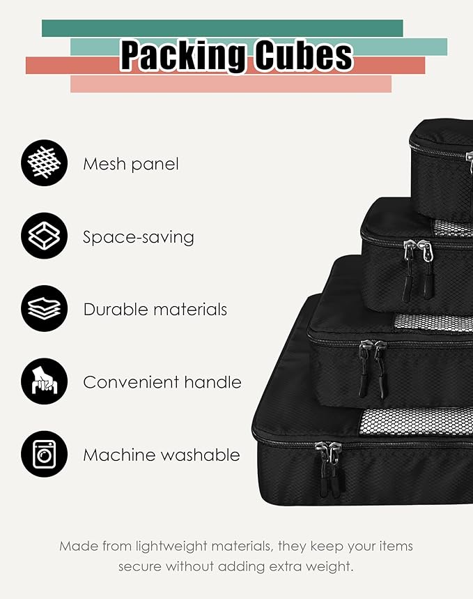 WTREE 4-Piece Packing Cubes Travel Accessories Set for Suitcases - Luggage Organizer Bags with Double Zipper - Mesh Top - Small/Medium/Large/Slim - Black