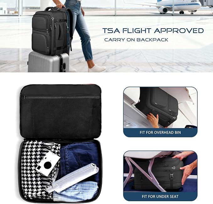Travel Backpack, Extra Large Travel Backpack, TSA 18.4 inch Laptop Bag Flight Approved, Lightweight Business Luggage Bag, Gifts for Men Women, Black