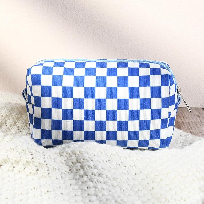 SOIDRAM 2 Pcs Checkered Makeup Bag Large Cosmetic Bag Toiletry Bag Makeup Pouch Travel Bag Organizer Cute Makeup Brushes Aesthetic Accessories Storage Bag for Women Royal Blue